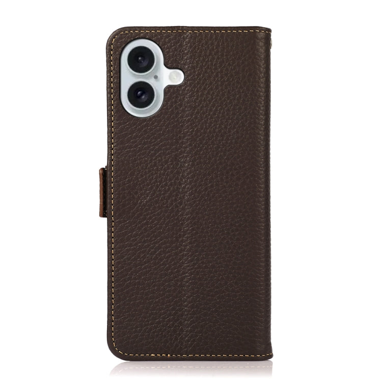 For iPhone 16 Plus KHAZNEH Side-Magnetic Litchi Genuine Leather RFID Case(Brown) - iPhone 16 Plus Cases by buy2fix | Online Shopping UK | buy2fix