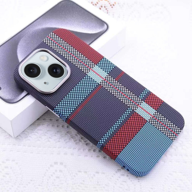 For iPhone 15 Kevlar Carbon Fiber Texture MagSafe Magnetic Phone Case(Red Blue Checkered) - iPhone 15 Cases by buy2fix | Online Shopping UK | buy2fix