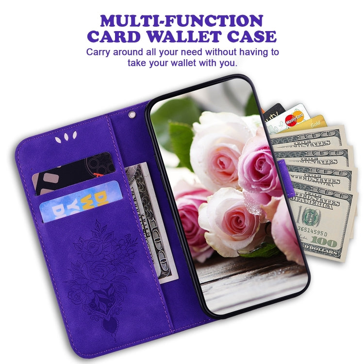 For iPhone 16 Pro Butterfly Rose Embossed Leather Phone Case(Purple) - iPhone 16 Pro Cases by buy2fix | Online Shopping UK | buy2fix