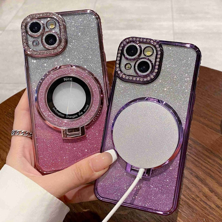 For iPhone 13 Pro Gradient Glitter Diamond Plated Holder Magsafe Phone Case(Pink) - iPhone 13 Pro Cases by buy2fix | Online Shopping UK | buy2fix