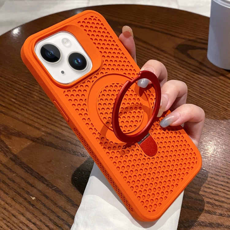 For iPhone 13 Hollow Cooling Magsafe Phone Case with Holder(Orange) - iPhone 13 Cases by buy2fix | Online Shopping UK | buy2fix