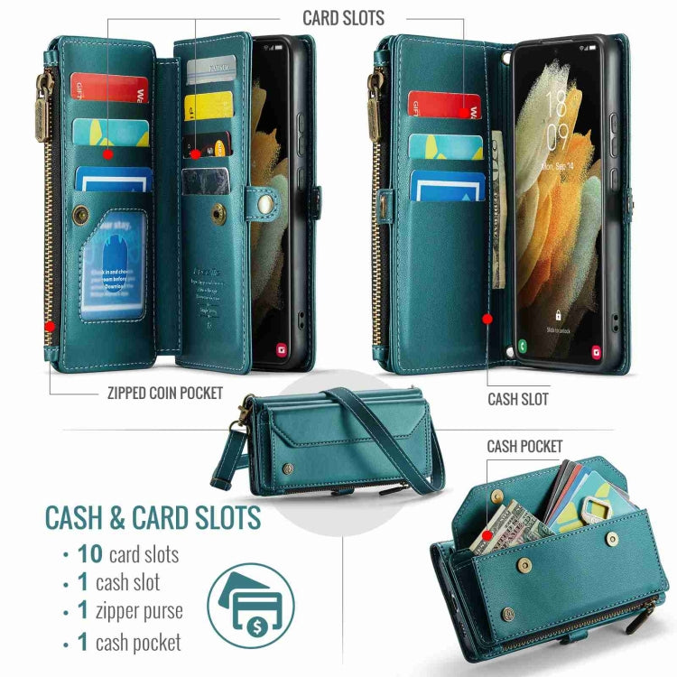 For Samsung Galaxy S21 Ultra 5G CaseMe C36 Card Slots Zipper Wallet RFID Anti-theft Leather Phone Case(Blue-green) - Galaxy S21 Ultra 5G Cases by CaseMe | Online Shopping UK | buy2fix