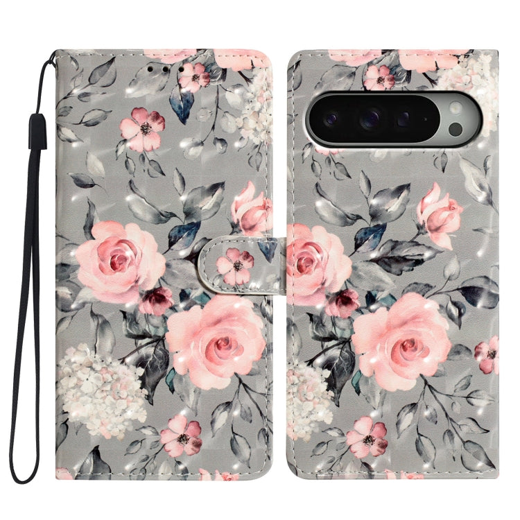 For Google Pixel 9 Pro XL 3D Pattern Leather Phone Case(Gray Base Flower) - Google Cases by buy2fix | Online Shopping UK | buy2fix