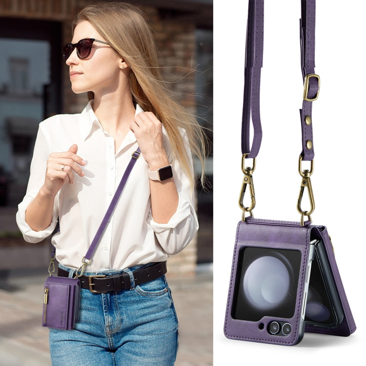 For Samsung Galaxy Z Flip5 5G DG.MING M5 Series Zip RFID Multi Card Detachable Leather Phone Case with Long Lanyard(Purple) - Galaxy Z Flip5 Cases by DG.MING | Online Shopping UK | buy2fix