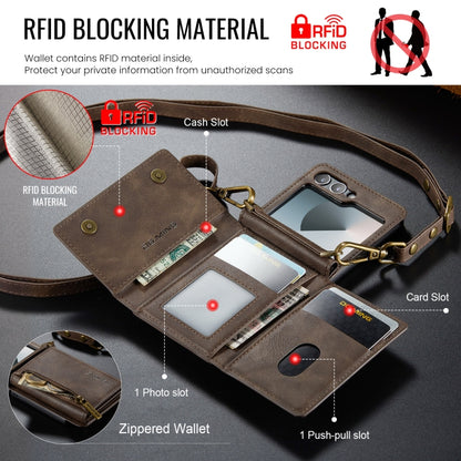 For Samsung Galaxy Z Flip6 DG.MING M5 Series Zip RFID Multi Card Detachable Leather Phone Case with Long Lanyard(Coffee) - Galaxy Z Flip6 5G Cases by DG.MING | Online Shopping UK | buy2fix