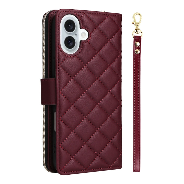 For iPhone 16 Plus Crossbody Rhombic Zipper Tower Buckle Leather Phone Case with Lanyard(Wine Red) - iPhone 16 Plus Cases by buy2fix | Online Shopping UK | buy2fix