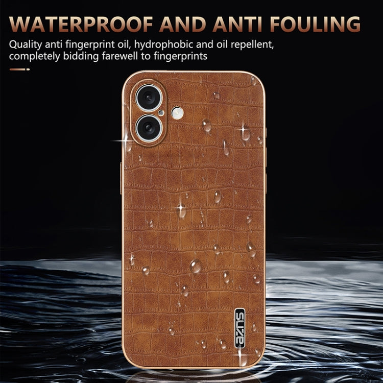 For iPhone 16 AZNS Electroplated Frame Crocodile Texture Full Coverage Phone Case(Brown) - iPhone 16 Cases by AZNS | Online Shopping UK | buy2fix