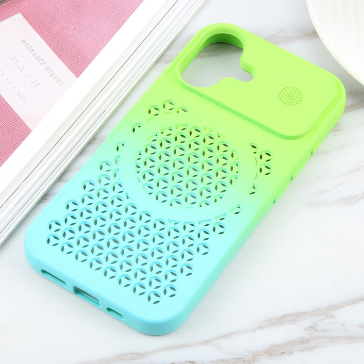 For iPhone 16 Plus Gradient Color Honeycomb Aromatherapy MagSafe Phone Case(Green Blue) - iPhone 16 Plus Cases by buy2fix | Online Shopping UK | buy2fix