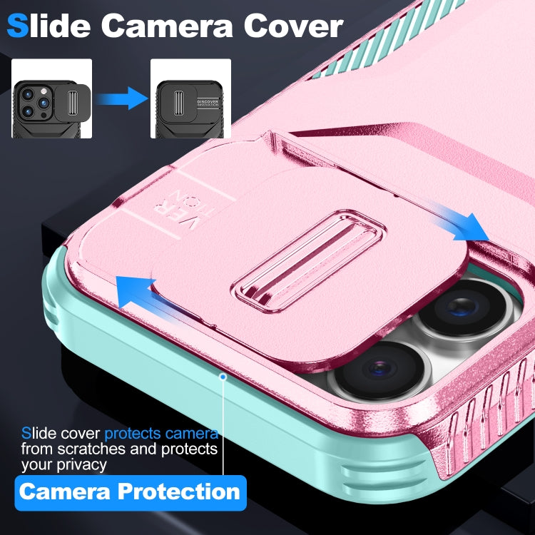 For iPhone 16 Pro Max Sliding Camshield Phone Case(Pink + Grey Green) - iPhone 16 Pro Max Cases by buy2fix | Online Shopping UK | buy2fix