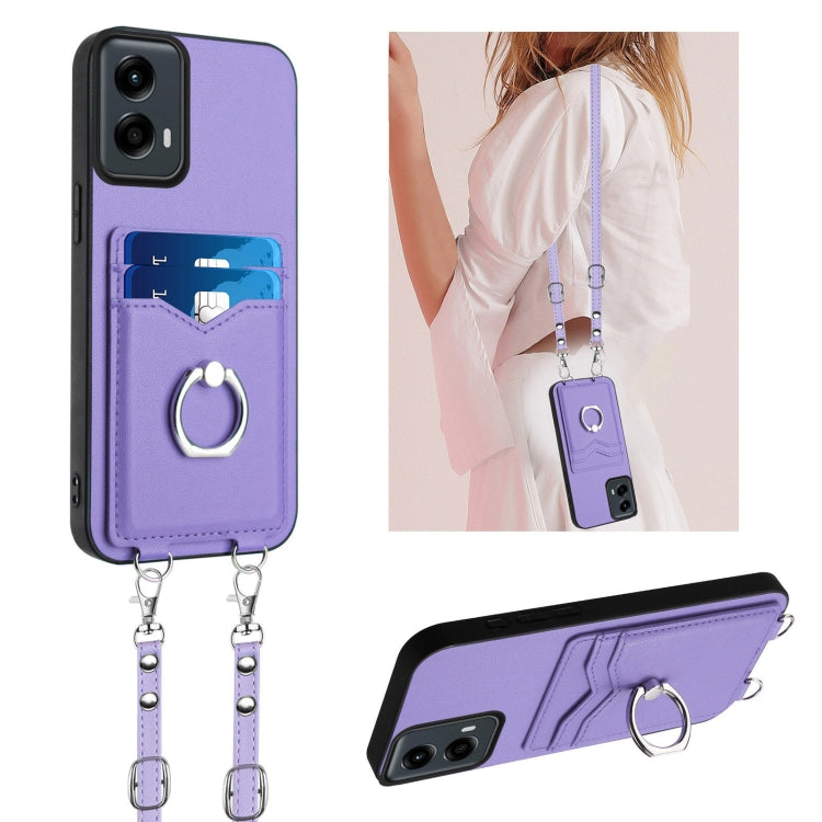 For Motorola Moto G 5G 2024 R20 Crossbody Rope Ring Card Holder Phone Case(Purple) - Motorola Cases by buy2fix | Online Shopping UK | buy2fix