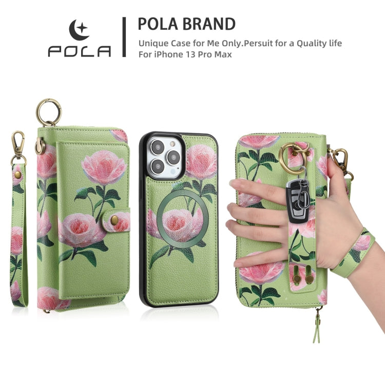 For iPhone 13 Pro POLA MagSafe Flower Multi-functional Zipper Wallet Leather Phone Case(Green) - iPhone 13 Pro Cases by buy2fix | Online Shopping UK | buy2fix