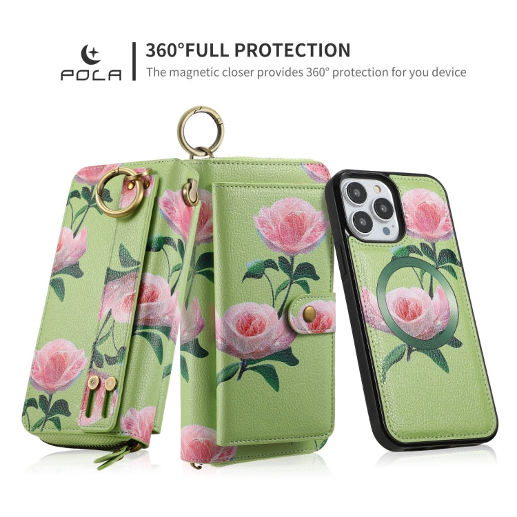 For iPhone 13 Pro POLA MagSafe Flower Multi-functional Zipper Wallet Leather Phone Case(Green) - iPhone 13 Pro Cases by buy2fix | Online Shopping UK | buy2fix