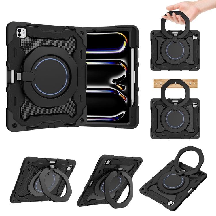 For iPad Pro 13 2024 Armor Portable Rotating Ring Holder Silicone Tablet Case with Pen Slot(Black) - iPad Pro 13 2024 Cases by buy2fix | Online Shopping UK | buy2fix