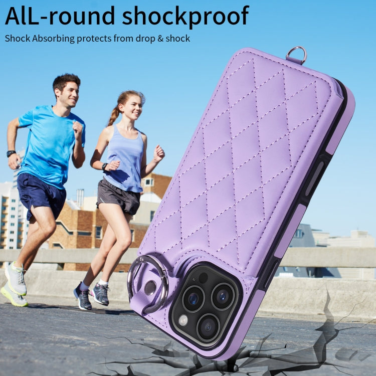 For iPhone 16 Pro Max Rhombic Texture Card Bag Phone Case with Short Lanyard(Purple) - iPhone 16 Pro Max Cases by buy2fix | Online Shopping UK | buy2fix