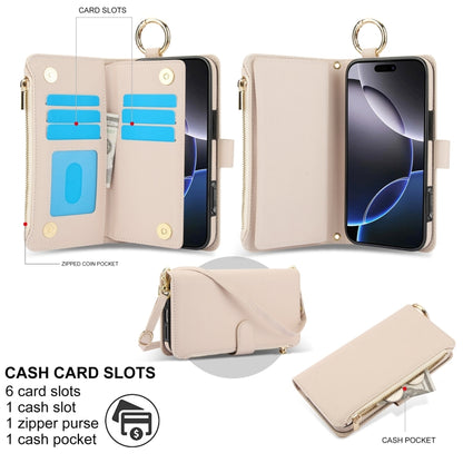 For iPhone 16 Pro Max Crossbody Ring Multifunctional Wallet Leather Phone Case(White) - iPhone 16 Pro Max Cases by buy2fix | Online Shopping UK | buy2fix