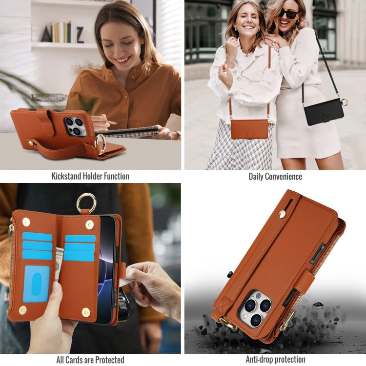 For iPhone 16 Pro Crossbody Ring Multifunctional Wallet Leather Phone Case(Brown) - More iPhone Cases by buy2fix | Online Shopping UK | buy2fix