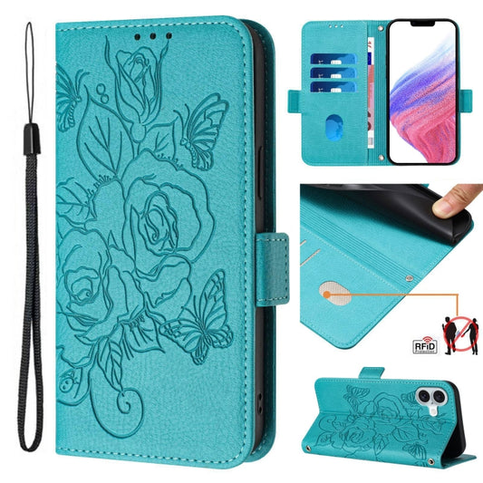 For iPhone 16 Plus Embossed Rose RFID Anti-theft Leather Phone Case(Light Blue) - iPhone 16 Plus Cases by buy2fix | Online Shopping UK | buy2fix