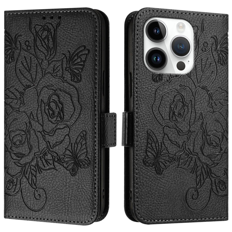 For iPhone 16 Pro Embossed Rose RFID Anti-theft Leather Phone Case(Black) - iPhone 16 Pro Cases by buy2fix | Online Shopping UK | buy2fix