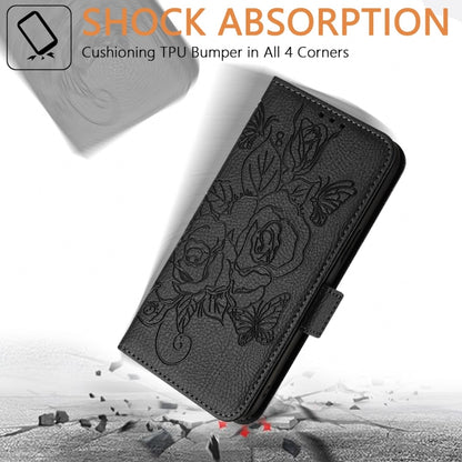 For iPhone 16 Pro Embossed Rose RFID Anti-theft Leather Phone Case(Black) - iPhone 16 Pro Cases by buy2fix | Online Shopping UK | buy2fix