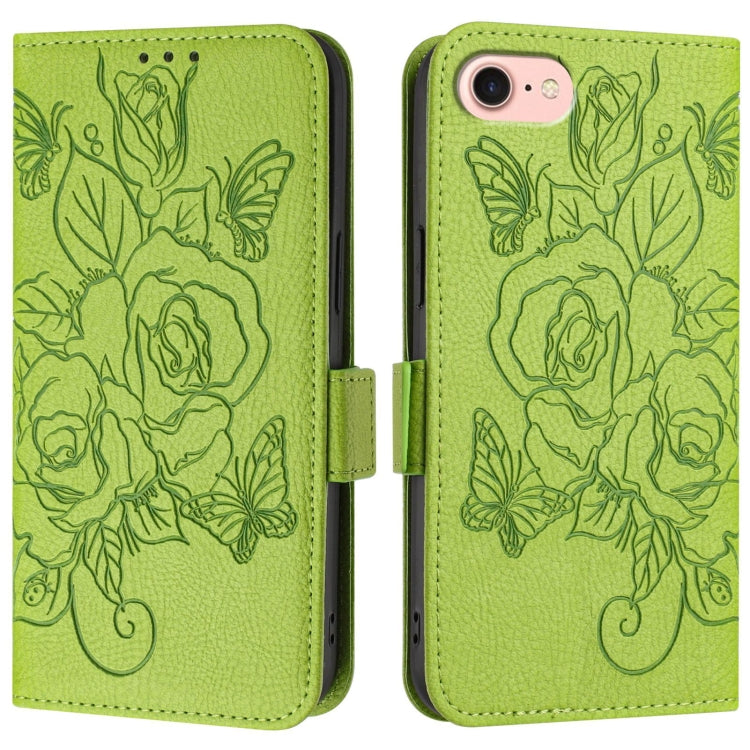 For iPhone SE 2024 Embossed Rose RFID Anti-theft Leather Phone Case(Green) - More iPhone Cases by buy2fix | Online Shopping UK | buy2fix