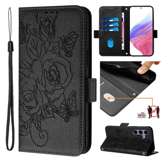 For Samsung Galaxy S25 5G Embossed Rose RFID Anti-theft Leather Phone Case(Black) - Galaxy S25 5G Cases by buy2fix | Online Shopping UK | buy2fix