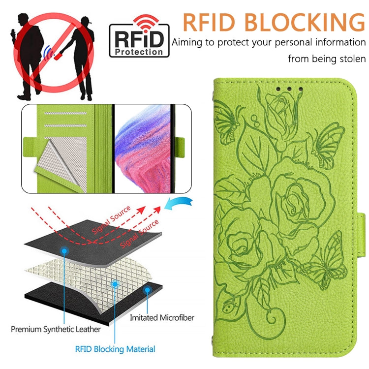 For OnePlus 11 Embossed Rose RFID Anti-theft Leather Phone Case(Green) - OnePlus Cases by buy2fix | Online Shopping UK | buy2fix