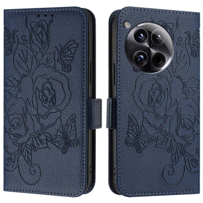 For OnePlus 12 5G Embossed Rose RFID Anti-theft Leather Phone Case(Dark Blue) - OnePlus Cases by buy2fix | Online Shopping UK | buy2fix