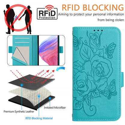 For Motorola Moto G Play 5G / G 5G 2024 Embossed Rose RFID Anti-theft Leather Phone Case(Light Blue) - Motorola Cases by buy2fix | Online Shopping UK | buy2fix