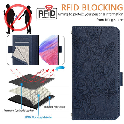 For Motorola Moto G Play 5G / G 5G 2024 Embossed Rose RFID Anti-theft Leather Phone Case(Dark Blue) - Motorola Cases by buy2fix | Online Shopping UK | buy2fix