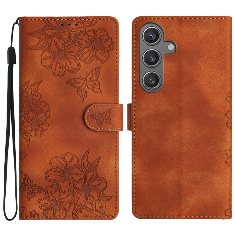 For Samsung Galaxy S25 5G Cherry Blossom Butterfly Skin Feel Embossed PU Phone Case(Brown) - Galaxy S25 5G Cases by buy2fix | Online Shopping UK | buy2fix