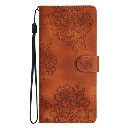 For Samsung Galaxy S25 5G Cherry Blossom Butterfly Skin Feel Embossed PU Phone Case(Brown) - Galaxy S25 5G Cases by buy2fix | Online Shopping UK | buy2fix