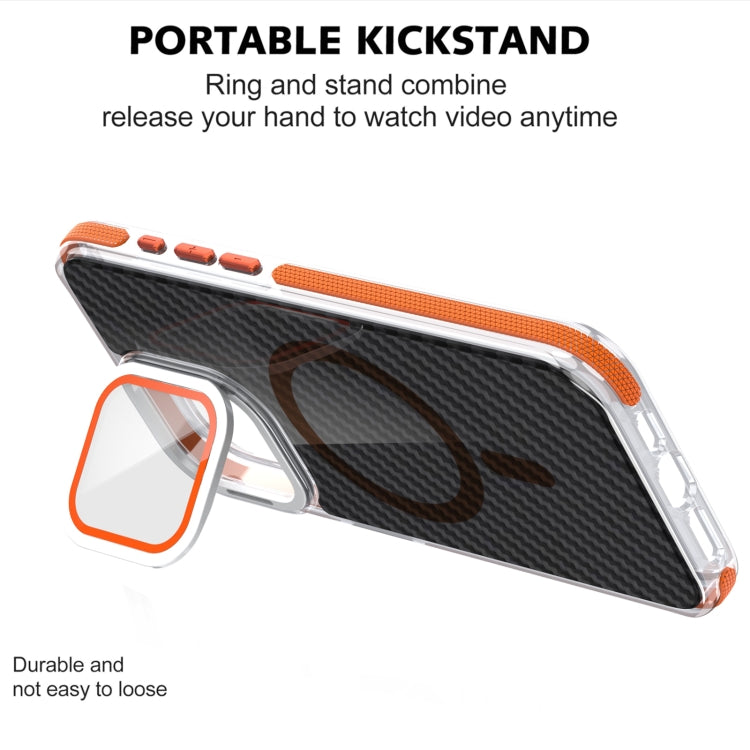 For iPhone 15 Pro Max Magsafe Dual-Color Carbon Fiber Lens Film Phone Case with Lens Fold Holder(Orange) - iPhone 15 Pro Max Cases by buy2fix | Online Shopping UK | buy2fix