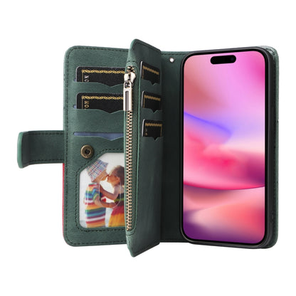 For iPhone 16 Dual-color 9 Card Slots Zipper Wallet Leather Phone Case(Green) - iPhone 16 Cases by buy2fix | Online Shopping UK | buy2fix