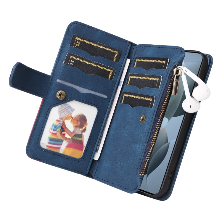 For Redmi K70 Dual-color 9 Card Slots Zipper Wallet Leather Phone Case(Blue) - K70 Cases by buy2fix | Online Shopping UK | buy2fix