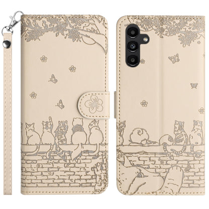 For Samsung Galaxy S25 5G Cat Embossing Pattern Leather Phone Case with Lanyard(Beige) - Galaxy S25 5G Cases by buy2fix | Online Shopping UK | buy2fix