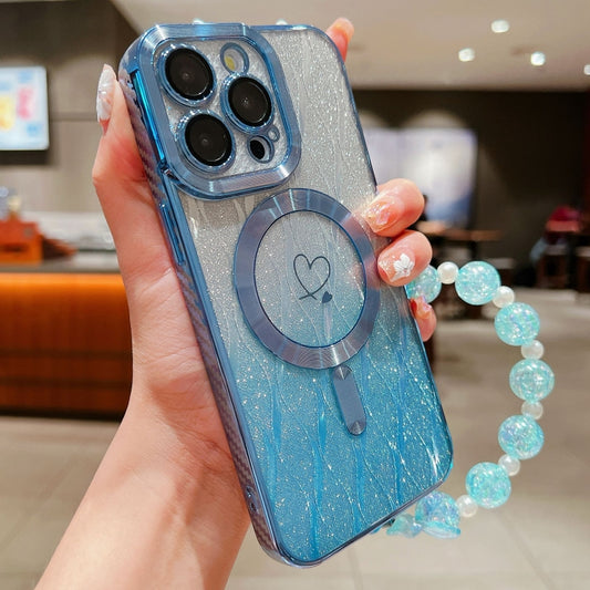 For iPhone 15 Pro Loves Leaves Gradient Glitter Bracelets Carbon Fiber Magsafe TPU Phone Case(Blue) - iPhone 15 Pro Cases by buy2fix | Online Shopping UK | buy2fix