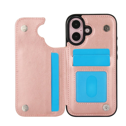 For iPhone 16 Double Buckle Butterfly Embossing PU Phone Case(Rose Gold) - iPhone 16 Cases by buy2fix | Online Shopping UK | buy2fix