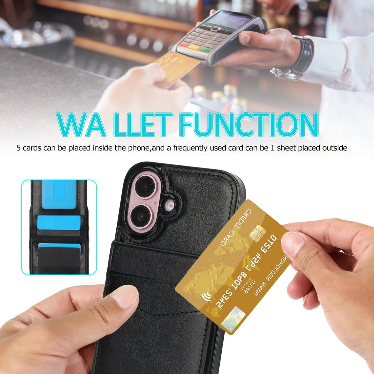 For iPhone 16 Plus Solid Color Card Slots Bracket PU Phone Case(Black) - iPhone 16 Plus Cases by buy2fix | Online Shopping UK | buy2fix