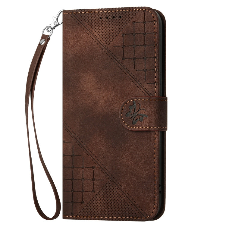 For iPhone 16 Pro YX0080 Grid Butterfly Embossed Pattern Flip Leather Phone Case with Lanyard(Coffee) - iPhone 16 Pro Cases by buy2fix | Online Shopping UK | buy2fix