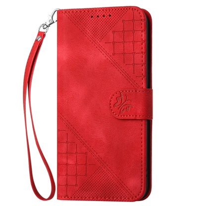 For iPhone 16 Plus YX0080 Grid Butterfly Embossed Pattern Flip Leather Phone Case with Lanyard(Red) - iPhone 16 Plus Cases by buy2fix | Online Shopping UK | buy2fix