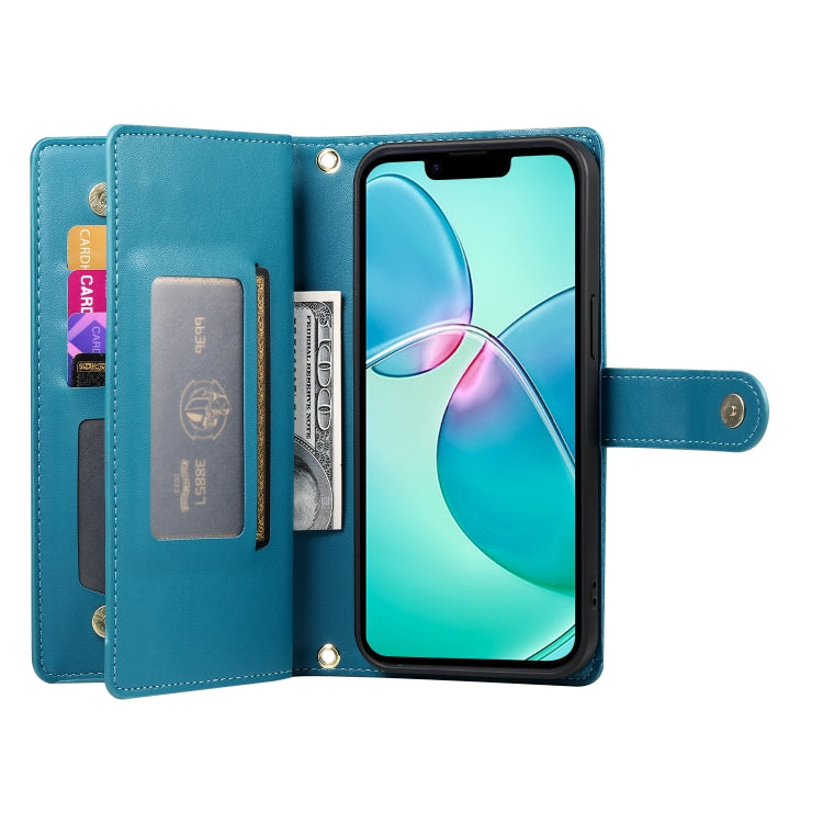 For iPhone SE 4 2024 Nine Card-slot Zipper Wallet Bag Leather Phone Case(Blue) - More iPhone Cases by buy2fix | Online Shopping UK | buy2fix