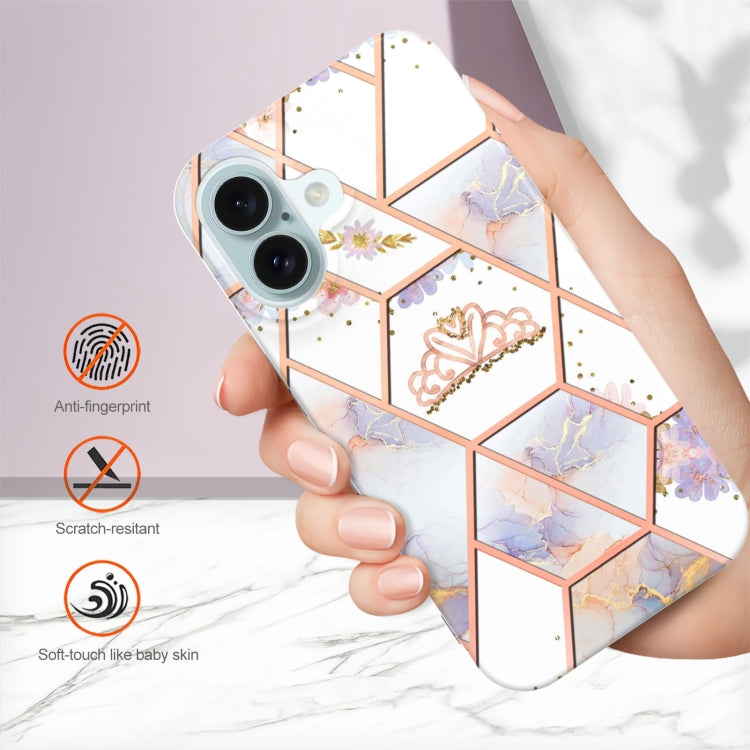 For iPhone 16 Splicing Marble Flower IMD TPU Phone Case(Crown) - iPhone 16 Cases by buy2fix | Online Shopping UK | buy2fix