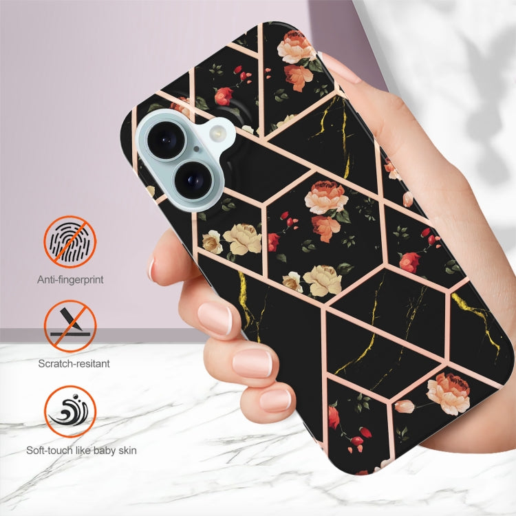 For iPhone 16 Splicing Marble Flower IMD TPU Phone Case(Black Flower) - iPhone 16 Cases by buy2fix | Online Shopping UK | buy2fix