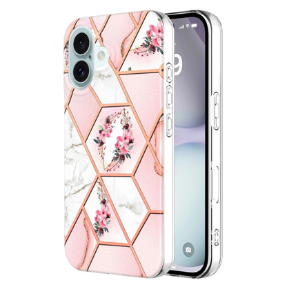 For iPhone 16 Splicing Marble Flower IMD TPU Phone Case(Pink Flower) - iPhone 16 Cases by buy2fix | Online Shopping UK | buy2fix