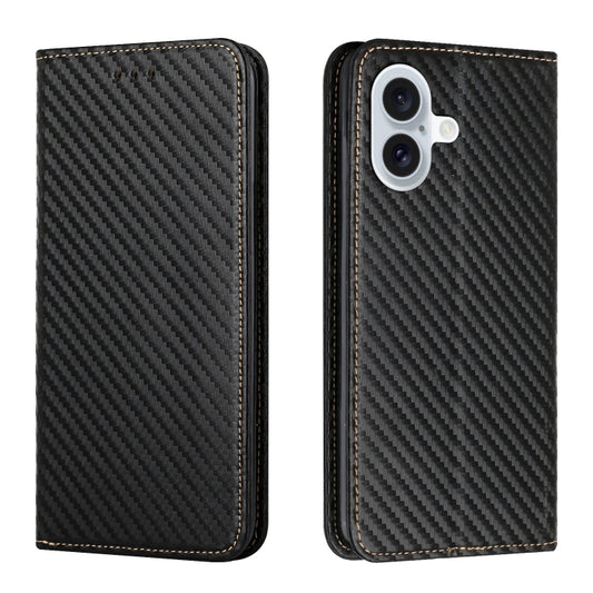 For iPhone 16 Plus Carbon Fiber Texture Magnetic Flip Leather Phone Case(Black) - iPhone 16 Plus Cases by buy2fix | Online Shopping UK | buy2fix