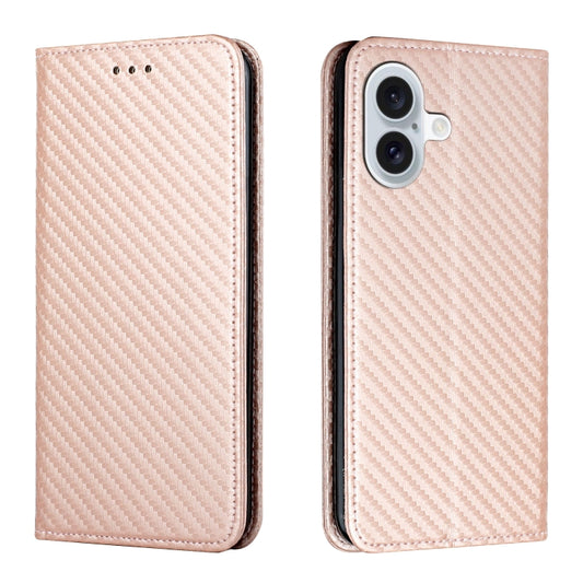 For iPhone 16 Plus Carbon Fiber Texture Magnetic Flip Leather Phone Case(Rose Gold) - iPhone 16 Plus Cases by buy2fix | Online Shopping UK | buy2fix