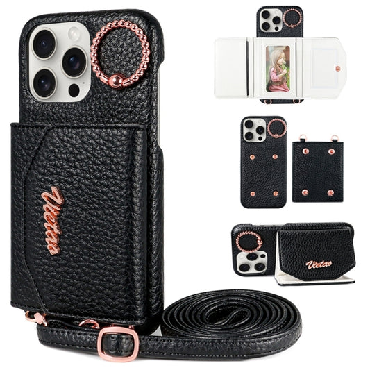 For iPhone 14 Pro VIETAO Ring Holder Card Bag Phone Case with Lanyard(Black) - iPhone 14 Pro Cases by VIETAO | Online Shopping UK | buy2fix