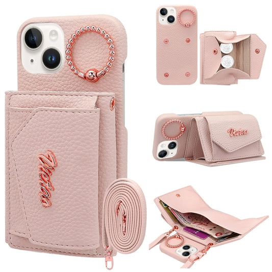 For iPhone 14 VIETAO Ring Holder Wallet PU Phone Case with Lanyard(Pink) - iPhone 14 Cases by VIETAO | Online Shopping UK | buy2fix