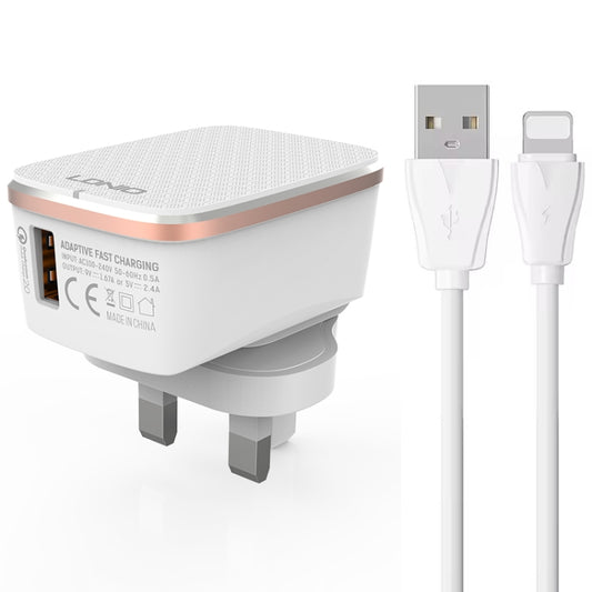 LDNIO A1204Q QC3.0 18W USB Fast Charger with 1m USB to 8 Pin Cable, Plug Type:UK Plug(White Gold) - USB Charger by LDNIO | Online Shopping UK | buy2fix