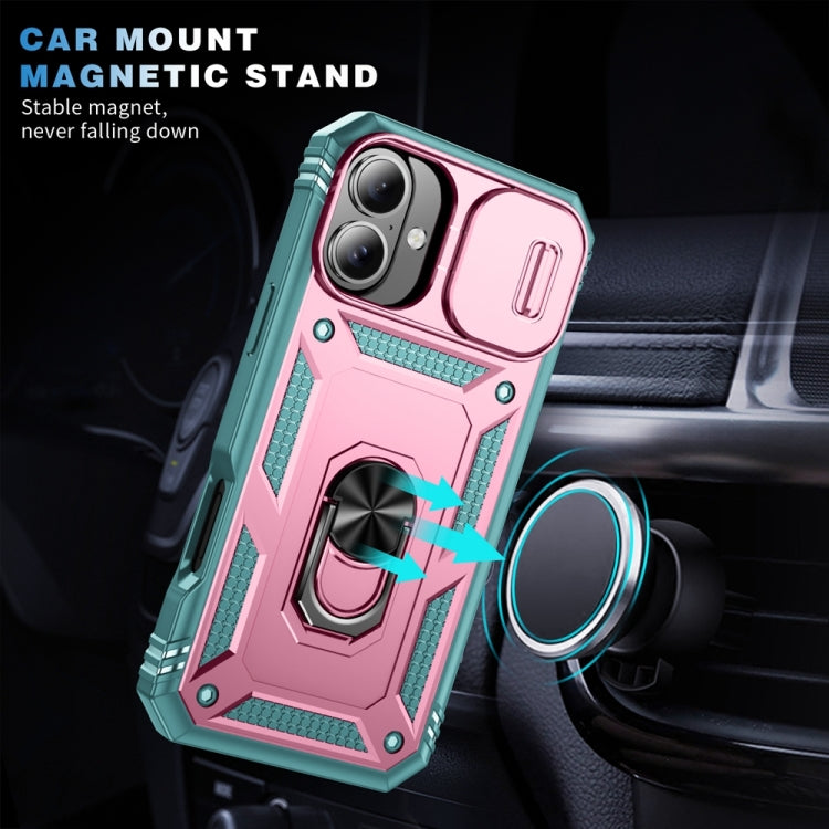 For iPhone 16 Plus Sliding Camshield TPU + PC Phone Case with Holder(Green+Pink) - iPhone 16 Plus Cases by buy2fix | Online Shopping UK | buy2fix